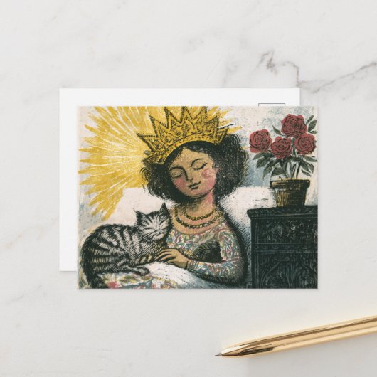 De slaperige kat en haar koningin briefkaart (Voorkant / Achterkant in situ)
