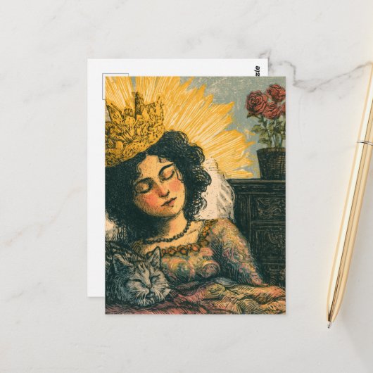De Slaperige Koningin en haar Kat Briefkaart (Voorkant / Achterkant in situ)