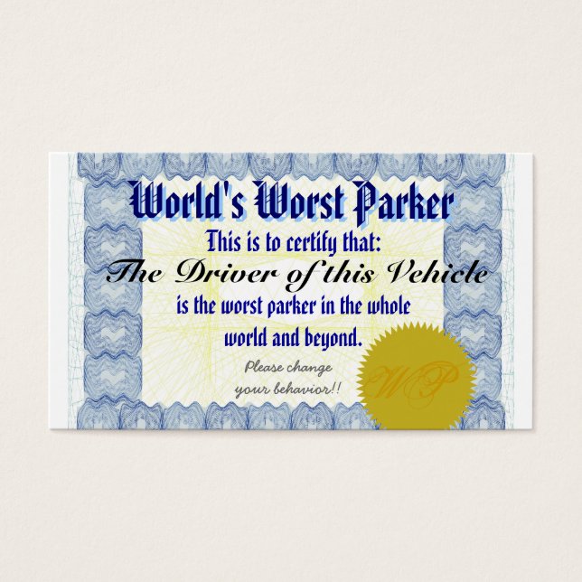 De slechtste parker ter wereld visitekaartje (Voorkant)