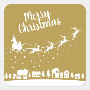 De slee van de kerstman met rendieren die boven de vierkante sticker