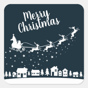 De slee van de kerstman met rendieren die boven de vierkante sticker
