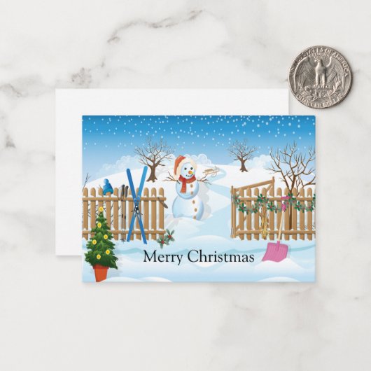 De sneeuwman achter het hek Kerst Kaart Notitiekaartje (Voorkant / Achterkant in situ)