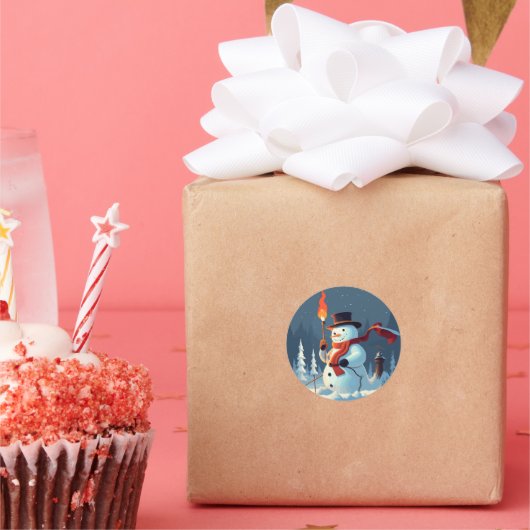 De sneeuwman draagt de olympische fakkel ronde sticker (Feest)