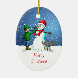 De Sneeuwman, jongen en hond op een kerstornament Keramisch Ornament