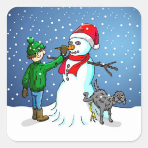 De Sneeuwman, jongen en hond op een sticker