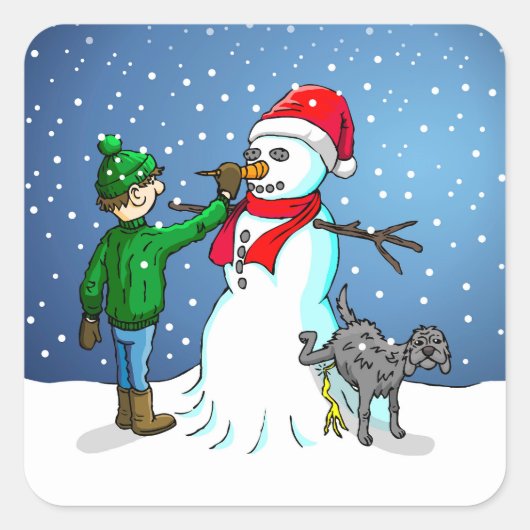 De Sneeuwman, jongen en hond op een sticker (Voorkant)