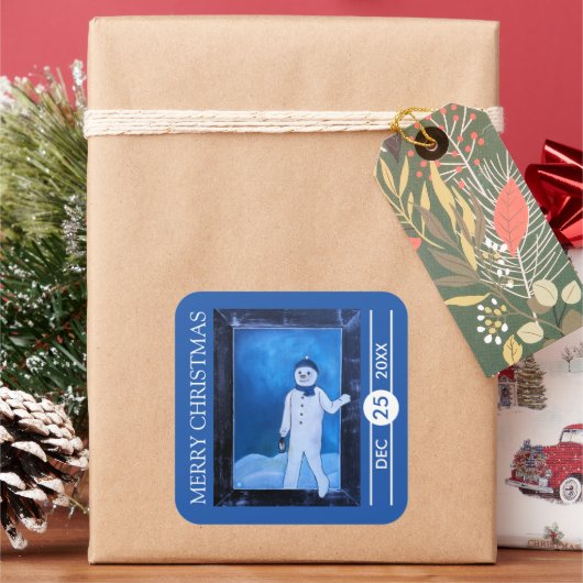 De Sneeuwman's Ontsnapping Kerstmis Vierkante Sticker (Feestdagen)
