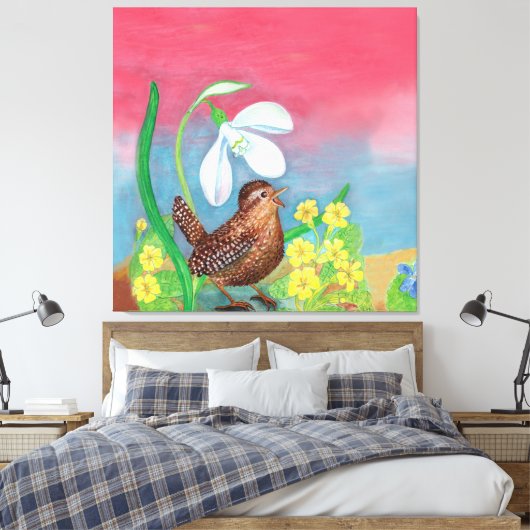 De sneeuwval en de kruivogel roepen de lente op canvas afdruk (Insitu (Slaapkamer))