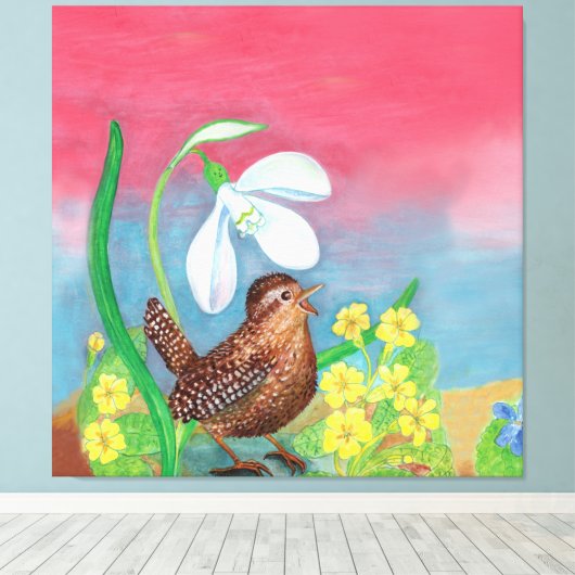 De sneeuwval en de kruivogel roepen de lente op canvas afdruk (Insitu (Houten vloer))