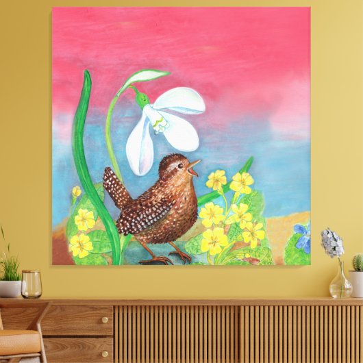 De sneeuwval en de kruivogel roepen de lente op canvas afdruk (Insitu (Woonkamer))
