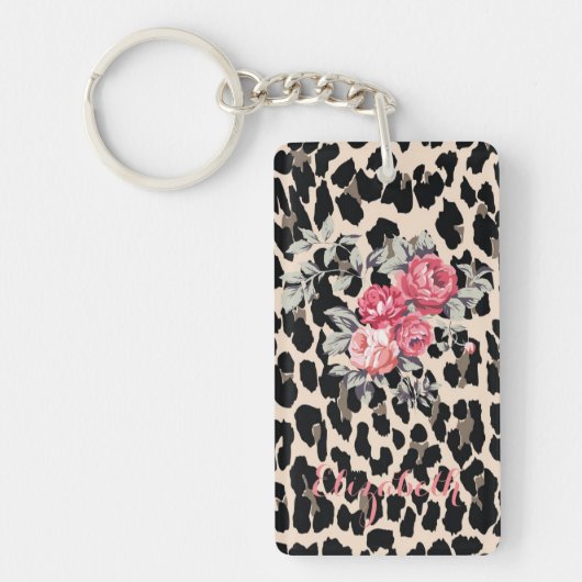 De snelle Moderne Bloemen op Leopard druk-geperson Sleutelhanger (Voorkant)
