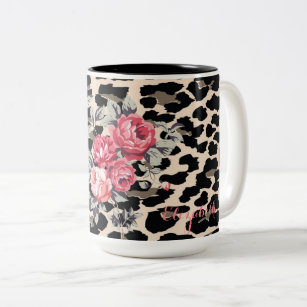 De snelle Moderne Bloemen op Leopard druk-geperson Tweekleurige Koffiemok