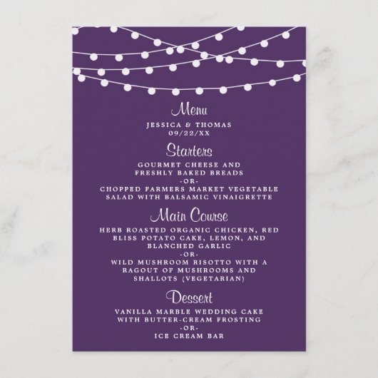 De snoerlampjes op het paarse bruiloftscollectie menu (Voorkant)