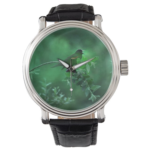 De Song, Bird Zingt in Groen Landschap Horloge (Voorkant)