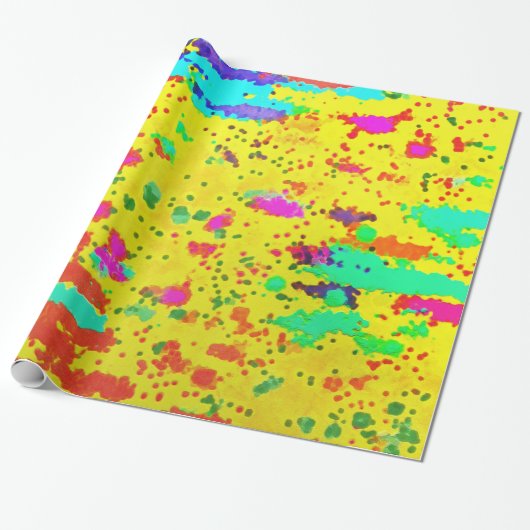 De spetsels van de verf op een gele achtergrond cadeaupapier (Uitgerold)