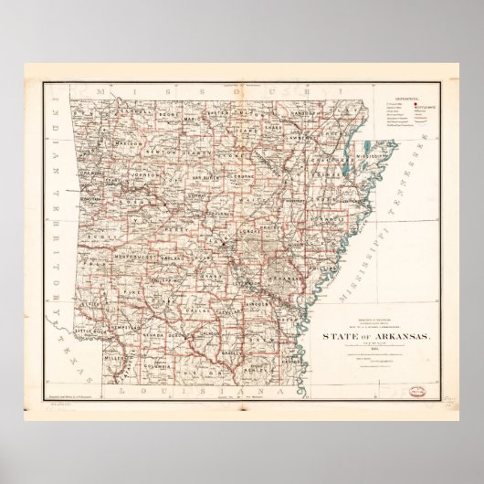 De staat Arkansas Map (1886) Poster (Voorkant)