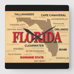 De staat Florida Map, Miami, Orlando, Key West Vierkante Klok
