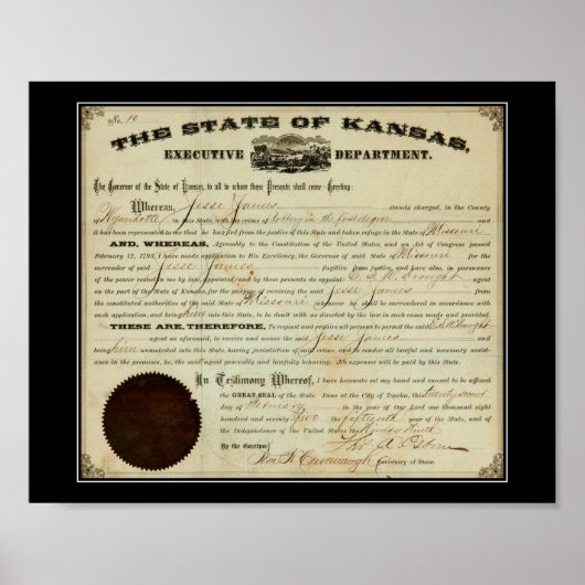 De staat Kansas 1875 Jesse James Extradition Order Poster (Voorkant)