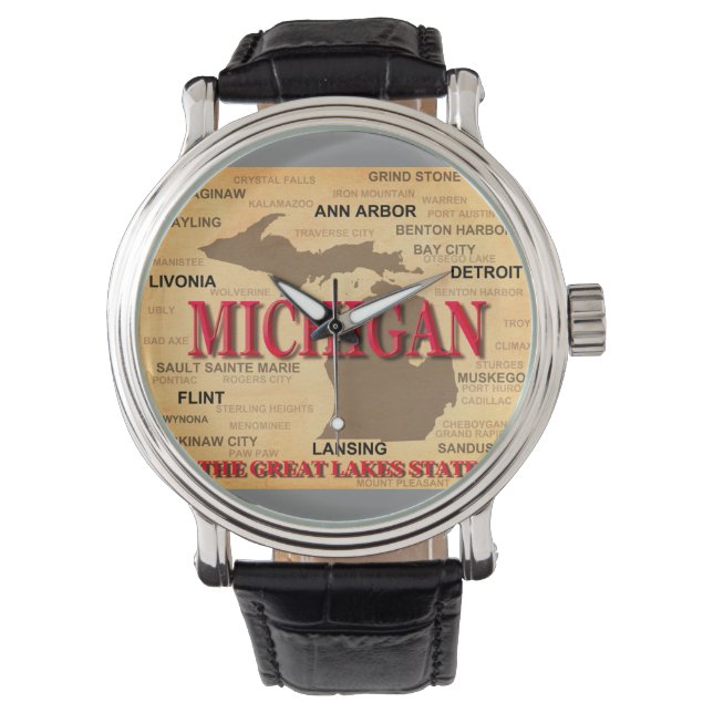 De staat Michigan Kaart, Detroit, Lansing Horloge (Voorkant)