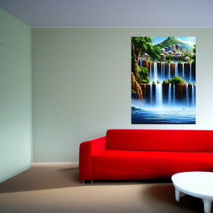 De stad bij de waterval   AI Art Poster
