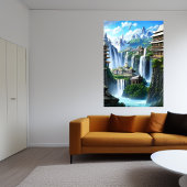 De stad en de grote waterval | AI Art Poster
