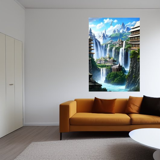 De stad en de grote waterval | AI Art Poster