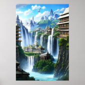De stad en de grote waterval | AI Art Poster (Voorkant)