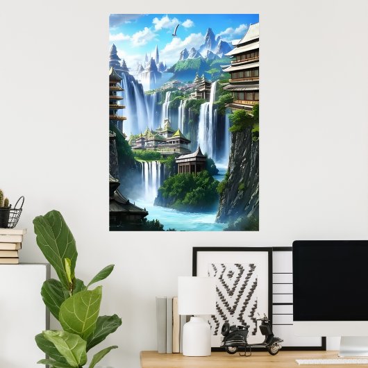 De stad en de grote waterval | AI Art Poster (Thuiskantoor)