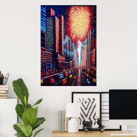 De stad en het vuurwerk | AI Art Poster (Thuiskantoor)