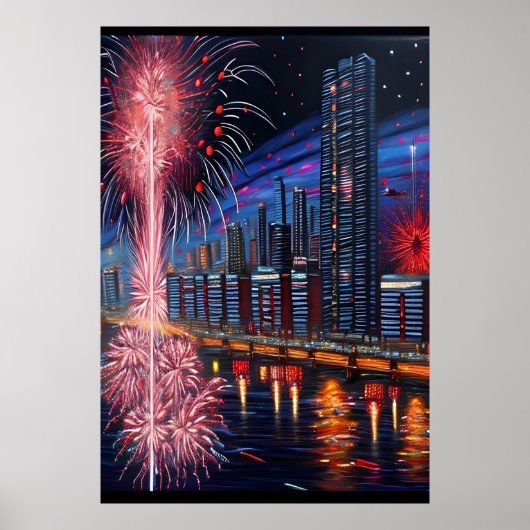 De stad en het vuurwerk | AI Art Poster (Voorkant)