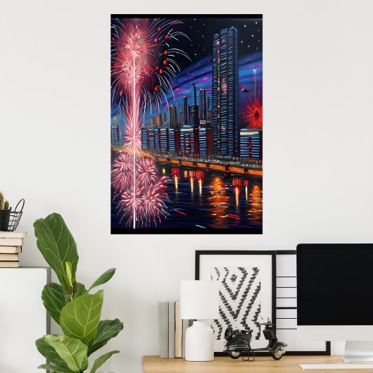 De stad en het vuurwerk | AI Art Poster (Thuiskantoor)