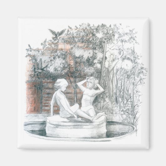de stad is een fontein met figuren voor meisjes magneet (Voorkant)