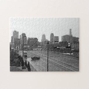 De stad Kansas City Skyline-Black en White Photo Legpuzzel