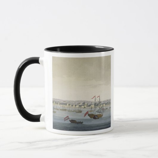 De stad Paramaribo (kleurengravure) Mok (Links)