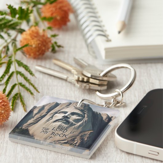 De steen uitgehouwen Verlosser De Heer is mijn rot Sleutelhanger (Voorkant Rechts)