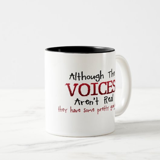 De stemmen zijn geen echt grappig Gezegde Tweekleurige Koffiemok (Voorkant rechts)