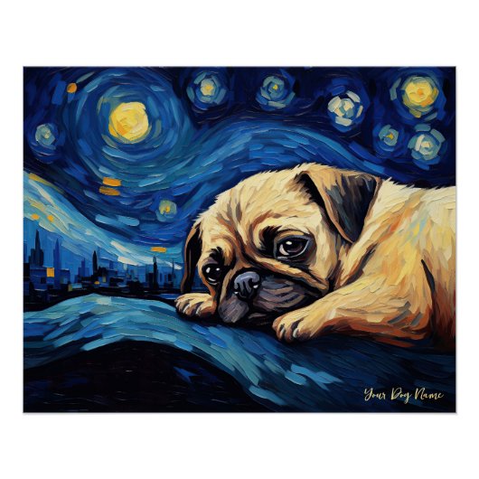 De sterrennacht - Pug Dog 002 - Qian wan Gogh Perfect Poster (Voorkant)