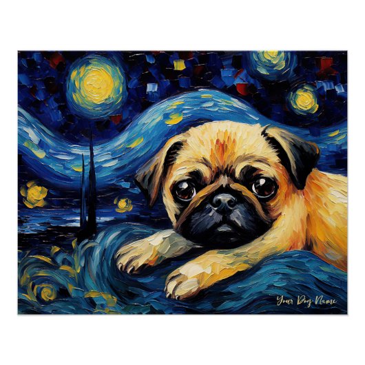 De sterrennacht - Pug Dog 003 - Qian wan Gogh Perfect Poster (Voorkant)