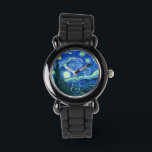 De sterrennacht van Van Gogh Horloge<br><div class="desc">Het beroemde schilderij van Van Gogh, "De Sterrennacht". Geschilderd tijdens zijn verblijf in het asiel in Saint Remy in de jaren 1880, beeldde Van Gogh de glooiende heuvels en cipressen af die hij vanuit zijn raam zag. Digitaal verbeterd door PixDezines. Copyright © 2008-2016 PixDezines.com™ en PixDezines™ op zazzle.com. Alle rechten...</div>
