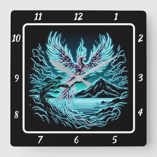 De stijgende Phoenix boven Twilight Peaks Vierkante Klok (Voorkant)