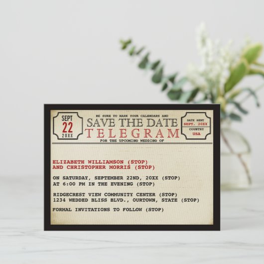 De stijl van het Telegram sparen de Datum Save The Date (Staand voorkant)