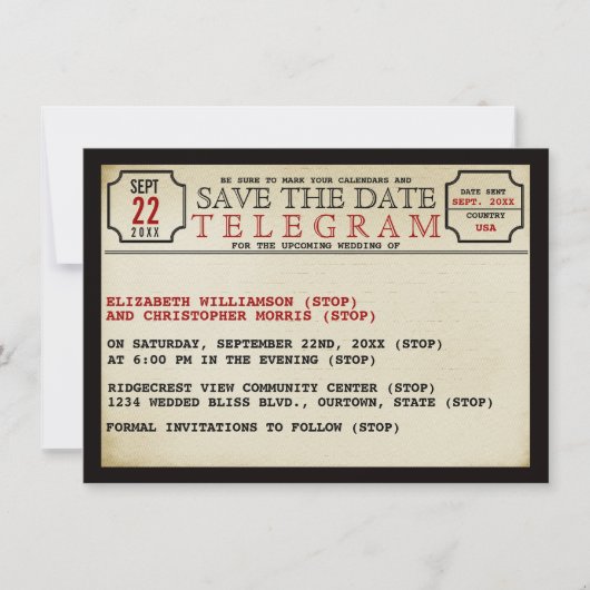 De stijl van het Telegram sparen de Datum Save The Date (Voorkant)