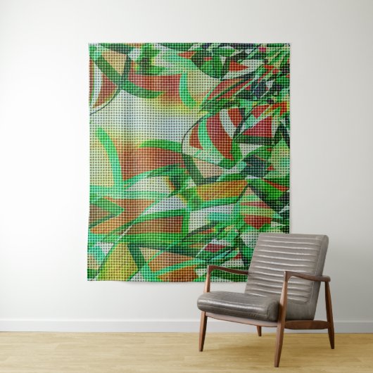 De stijl van manden op groene gebogen linten wandkleed (In situ)