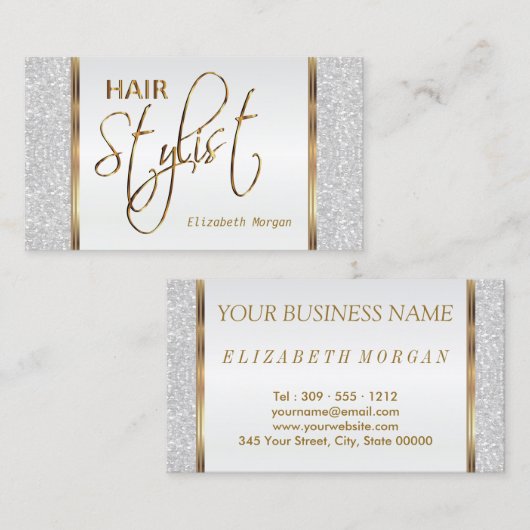 De Stijllijst van het haar in een Witte Glitter Visitekaartje (Voorkant / Achterkant)