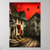 De straat in de stad en de rode hemel | AI Art. Poster (Voorkant)