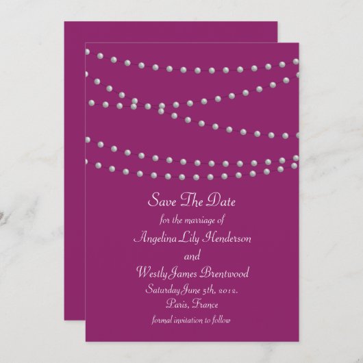 De strengen van Pearls op Magenta sparen de Datum Save The Date (Voorkant / Achterkant)