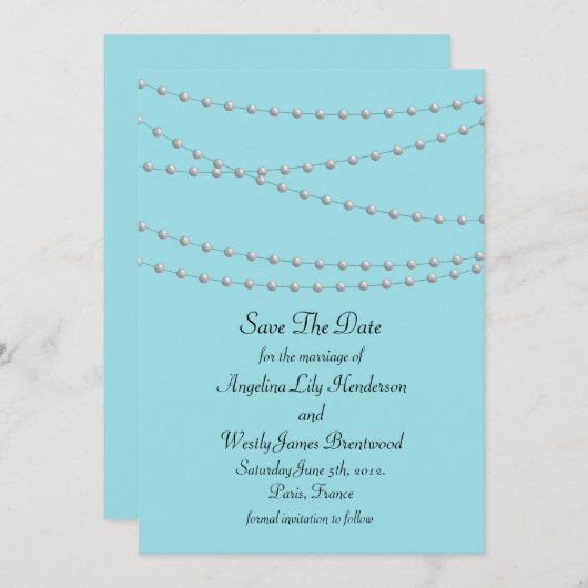 De strengen van Pearls op Turquoise sparen de Datu Save The Date (Voorkant / Achterkant)