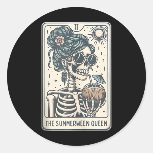 De Summerween Queen Tarot Kaart, Witchy Halloween Ronde Sticker (Voorkant)