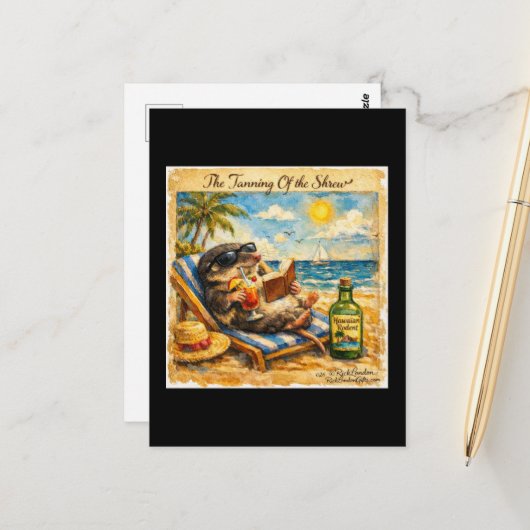 De Taming van de Feeks – Grappige Zomerstrand Illu Briefkaart (Voorkant / Achterkant in situ)