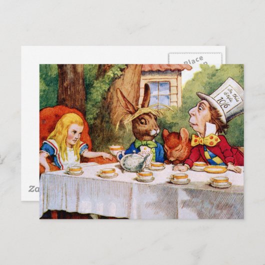 DE TEA PARTIJ VAN DE MAD HATTER UITNODIGING BRIEFKAART (Voorkant / Achterkant)